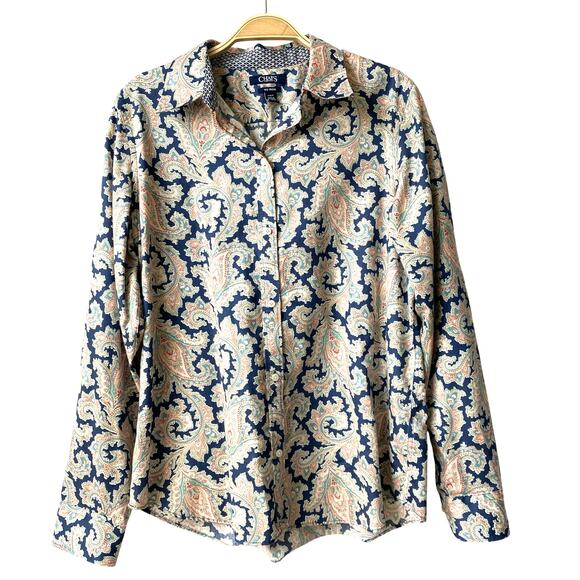 Chaps No Iron Paisley Button Up Shirt Women L Blue Long Sleeve Flip Cuffs Preppy - Picture 1 of 9